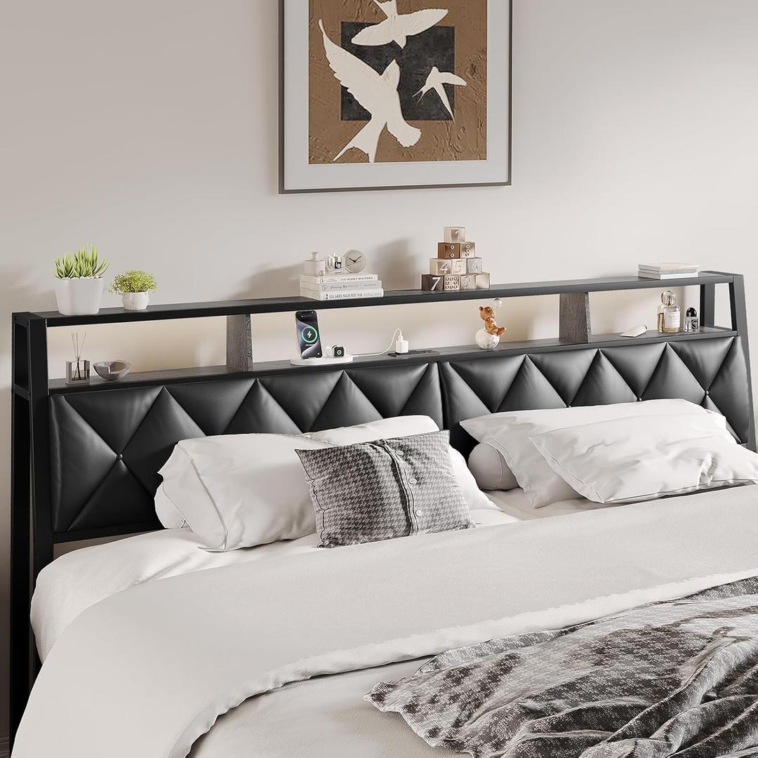 King Headboard Only, Headboard for King Size Bed with Storage, Upholstered Headboards with LED Lights & Charging Station, Attach Frame, Ideal for Bedroom/Dorm/Guest Room, Black, Faux Leather