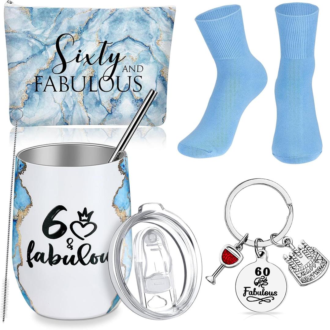 4 Pcs 60 and Fabulous Tumbler 60th Birthday Gifts for Women Inspirational 12oz Marble Stainless Steel Insulated Tumbler Sixty and Fabulous Makeup Bag Wine Sign Keychain Socks, 60th
