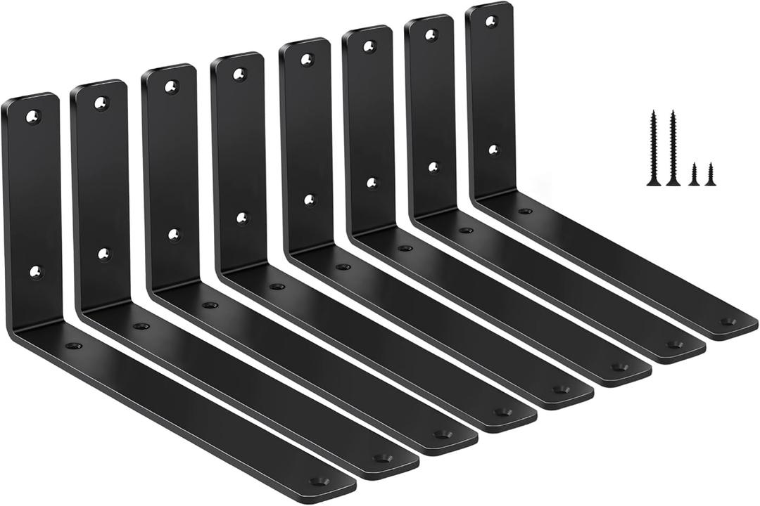 8 Pack - L 10" x H 6" x W1.5, 5mm Thick Black L Shelf Bracket, Iron Shelf Brackets, Metal Shelf Brackets, Floating Shelf, Shelf Supports with Screws
