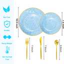 Rubtlamp 150Pcs Blue Christmas Plastic Plates, Gold Plastic Dinnerware Set For 30 Guest, Hammered Heavy Duty Plates with Gold Rim Include 30Dinner Platos, 30Salad Platos,90 Cutlery For Christmas