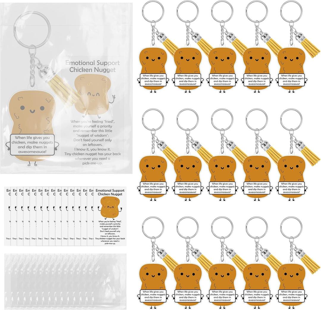 15 Sets Inspirational Gifts for Women Emotional Support Chicken Nugget Keychain Funny Keychain with Inspirational Card and Organza Bag Positive Cartoon Key Ring Christmas Employee Appreciation Gifts