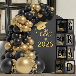 Graduation Decorations 2026,4 Pcs Transparent Balloon Boxes with Letters of GRAD,PROUD OF YOU,Class of 2026 and 130pcs Black Gold Balloons Arch for High School College 2026 Grad Party Supplies