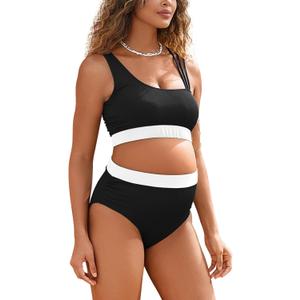 MOMOOD Maternity Two Piece Swimsuit High Waist Strappy Bikini Set Bathing Suit Black with White XL