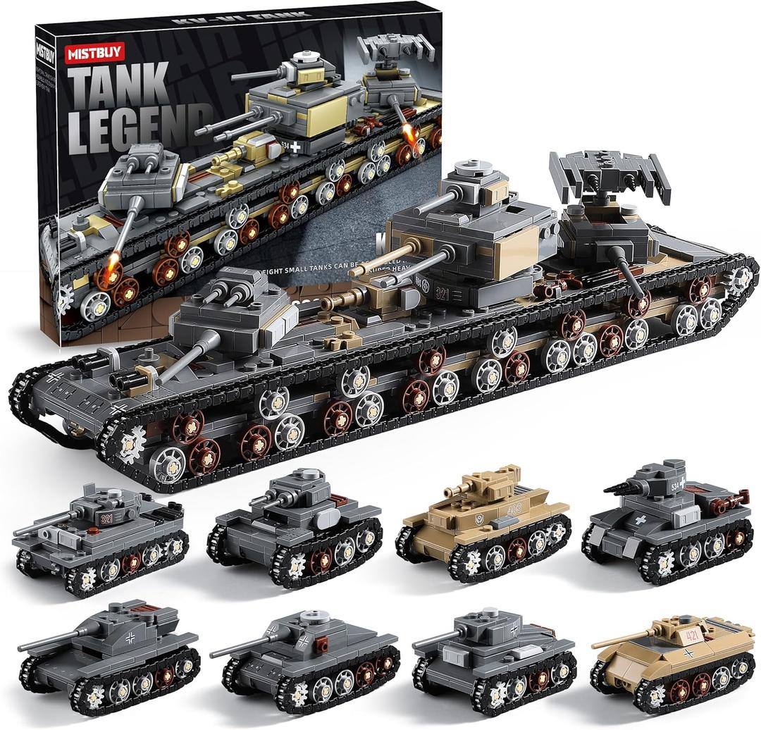 1165-Piece WW2 Army Tank Toys Building Sets Compatible with Lego, Create A Large KV-VI Military Models or 8 Set WWII Tanks, Great Gifts for Boys Kids
