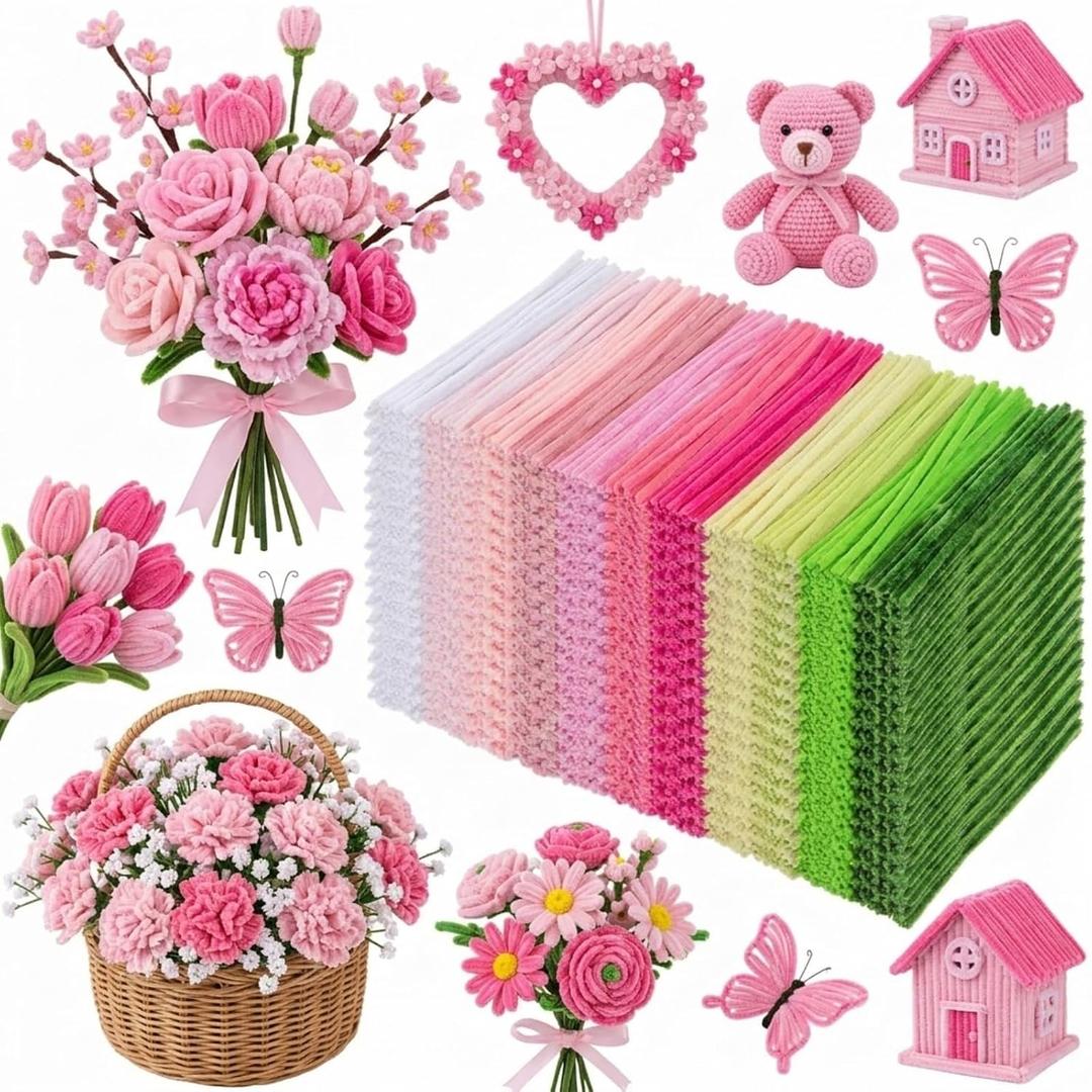 Libima 3800 Pcs Pipe Cleaners Bulk 10 Colors 12" Graduation Pipe Cleaners Craft Set Chenille Stems Flower Kit 6mm Colorful End Year of Teacher Gift Fuzzy Sticks Party Supply for DIY Art (Pink)