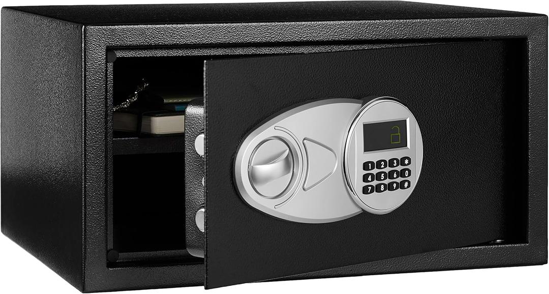 Amazon Basics Steel Security Safe with Programmable Electronic Keypad - Secure Valuables, Cash, Jewelry, ID Documents - Black, 1 Cubic Feet, 16.93" W x 14.57" D x 9.06" H