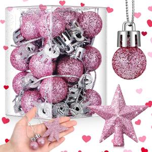 RoundFunny 25 Pcs Mini Valentine's Day Ornaments Set 0.79 Inch Glitter Valentine's Day Ball Tree Topper Star Hanging Ornaments for Party Decoration(Pink)