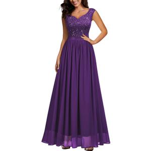 Miusol Women's Sexy Deep V-Neck Sequin Lace Double Sleeveless Evening Party Maxi Dress (Purple, M)