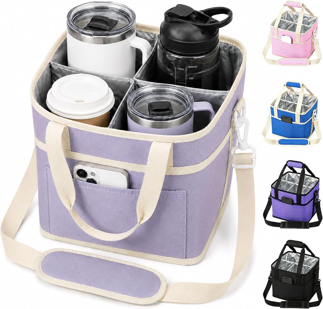 Drink Carrier Tote Bag, Family Size 4 Compartment Drink Bag Insulated 4 Water Bottle Holder with Adjustable Strap Multiple Tumbler Carrier Caddy for Car, Delivery, Family Outings Fits Any Cup
