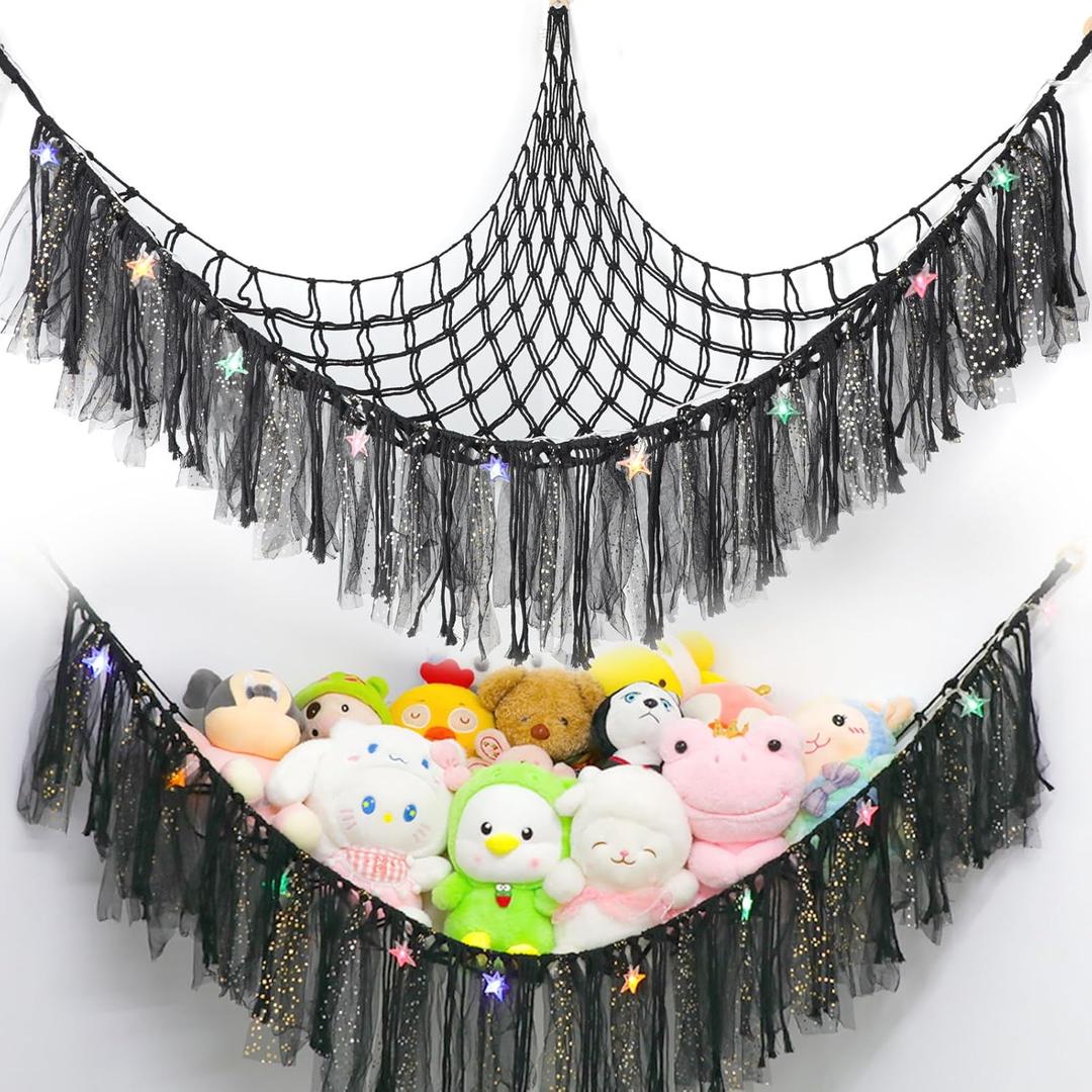 Stuffed Animal Hammock with LED Lights - 59 Inch Large Toy Storage Net for Kids Bedroom, Wall-Mounted Plush Organizer with Wooden Rings, Nursery Decor (Handwoven, Black)