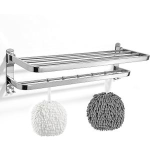 Bathroom Towel Storage Bundle: Double Foldable Rack & 2 Fluffy Hand Towels - SUS304 Stainless Steel Shelf with Super Absorbent Quick-Dry Towels, Gray & White