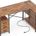Huuger L Shaped Office Desk with Power Outlets, 47 Inch Computer Desk with 3 Drawers, Shelves, for Gaming, Corner Work, Home Office, Study, Rustic Brown