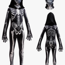 Halloween Skeleton Costume for Kids Black and White Scary Skeleton Jumpsuit Onesie Dress up with Hood and Mask 2-10Years