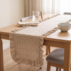 Moukeren Vintage Floral Table Runner Farmhouse Ruffle Table Runner Scalloped Long Dresser Scarves for Dining Room Wedding Party Kitchen Rustic Home Decor(Brown, 72 x 13.8 Inch)