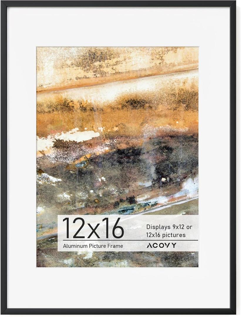 12x16 Aluminum Picture Frame with White Color Mat for 9x12, HD Tempered Glass, Metal Poster Frame Photo Frame for Wall Display (Black, Pack of 1)