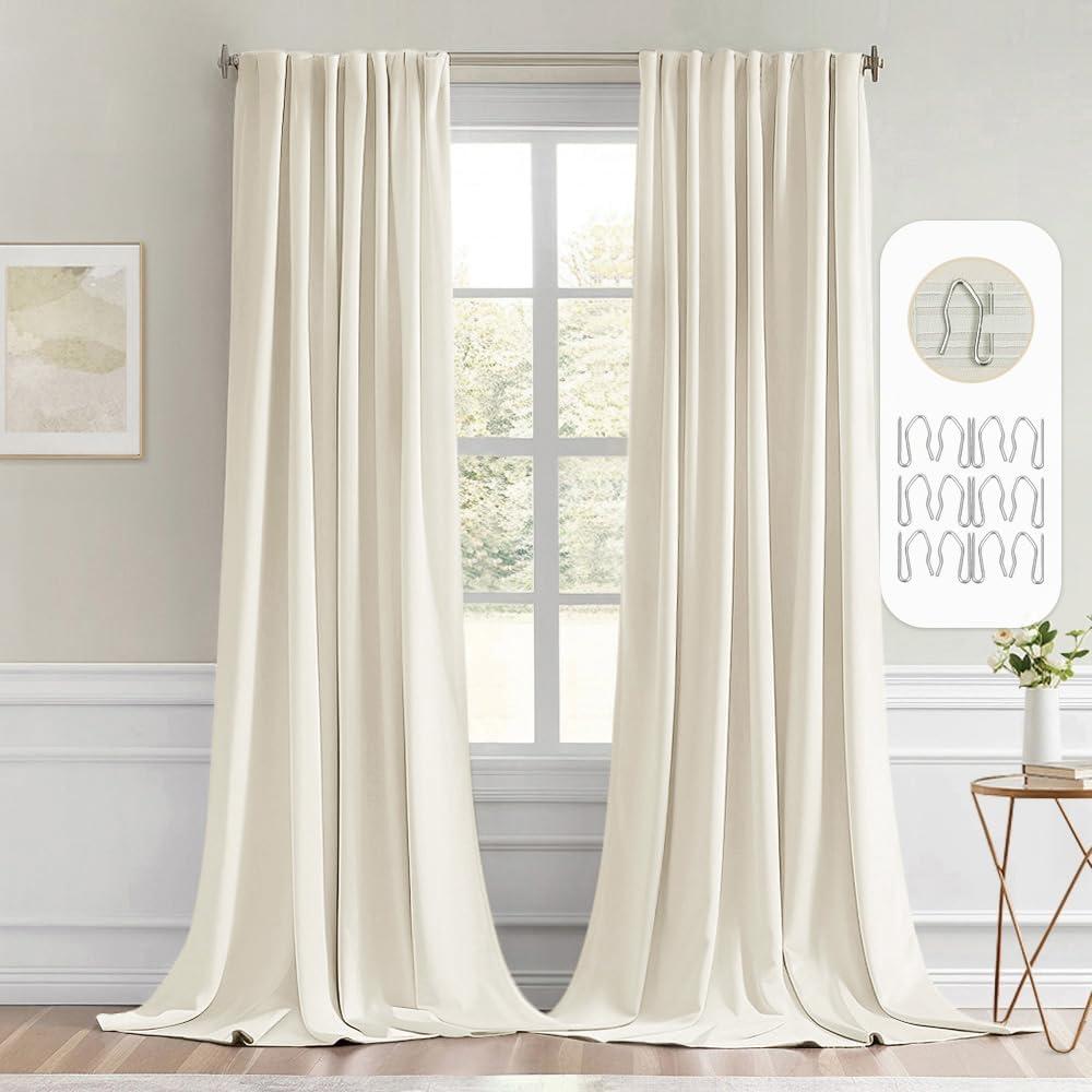 MIULEE Beige White Back Tab Blackout Curtain 96 Inch Long 2 Panels Set for Bedroom, Rod Pocket/Pinch Pleat Thermal Insulated Living Room Darkening Pleated Light Blocking Floor to Ceiling Drape