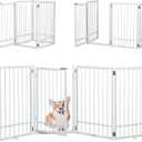 SMONTER Free Standing Dog Gate with Door Walk Through, 80.5'' Extra Wide Indoor Dog Fence, 31.5'' H 4 Panels Foldable Metal Pet Puppy Gate for Stairs, Hallways, Doorway, White