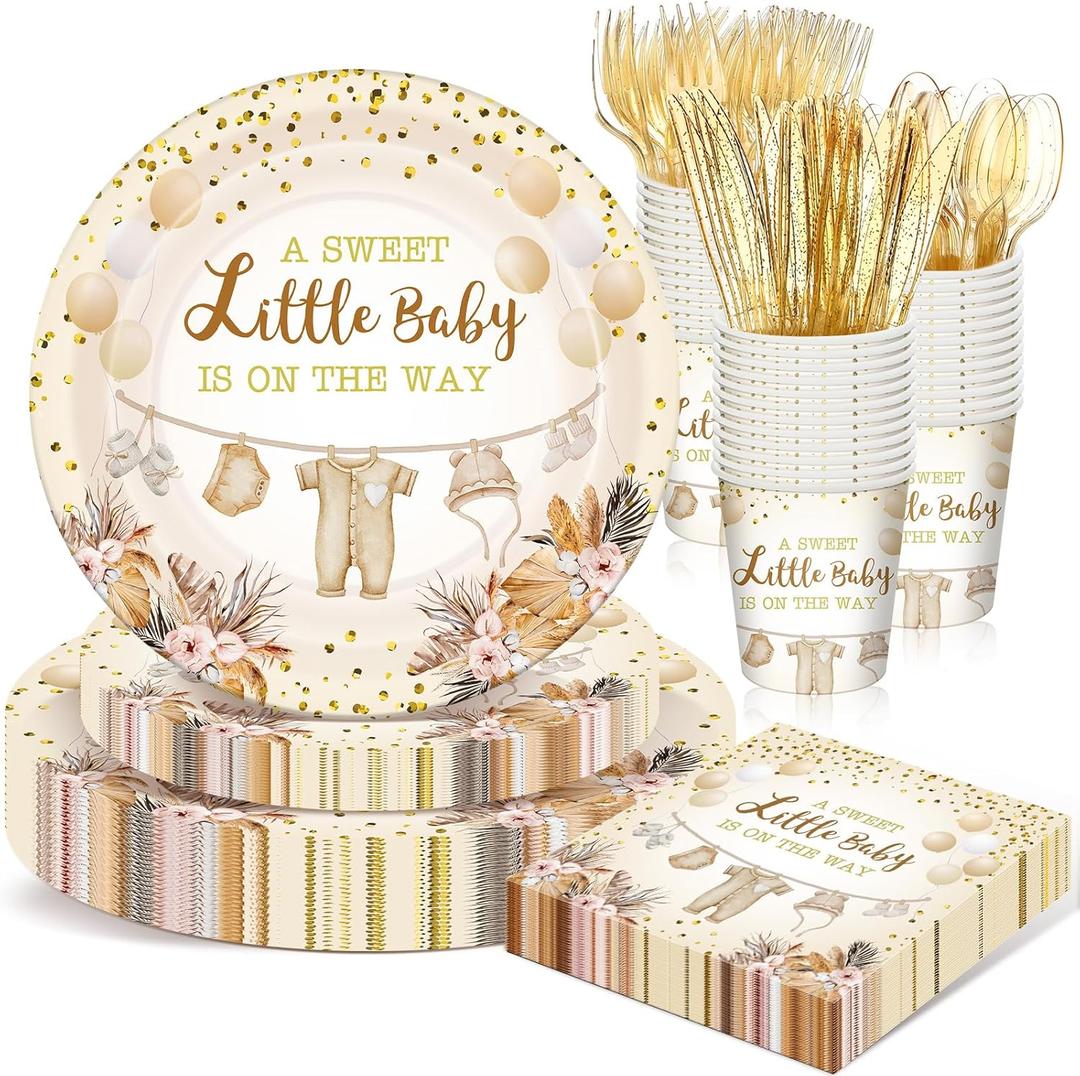 168 Pcs Neutral Gold Baby Shower Decorations Boho Gender Reveal Party Favors a Sweet Little Is on The Way Plates and Napkins Disposable Tableware Set Serve 24