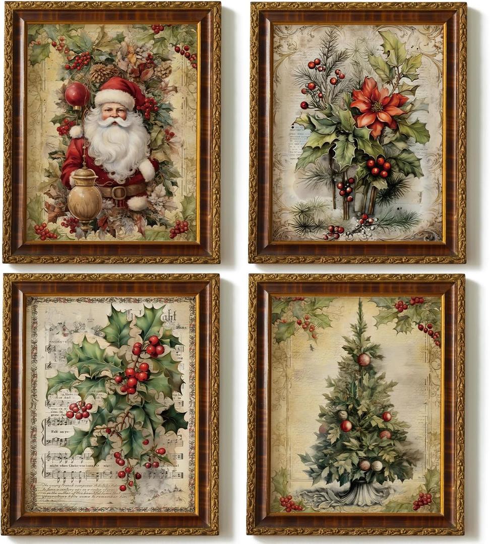 JXREQ Vintage Christmas Bathroom Wall Decor Prints,Retro Christmas Wall Art Decorations for Home Kitchen Bedroom Bathroom Living Room Office,Santa Claus Xmas Tree Decor Prints Set of 4,8x10 Unframed