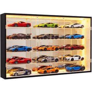 Juexica 1:24 Diecast Car Display Case, Acrylic 15 Grids Storage Cabinet with 3-Color Dimmable LED Lights, Wall Mounted Dustproof Showcase for Model Cars