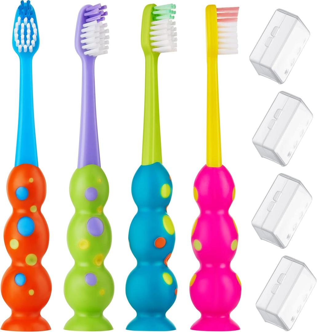 Kids Toothbrush 4 Pack - Soft Bristles with Suction Cup - Toothbrush Kids, Child Sized Brush Heads, 3-10 Year Old Kid Toothbrush with Easy Storage - Toddler, Girl and Boy Set (4-Pack, Multi-Color)