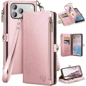 XcaseBar Compatible with iPhone 17 Pro 6.3" Wallet case with Zipper Credit Card HolderRFID Blocking,Flip Folio Book PU Leather Phone case Shockproof Cover Women Men for Apple 17 Pro case Rose Gold