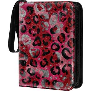 Card Binder 400 Pockets, 50 Sleeves Large Binder Trading Cards Holder 4 Pocket, Storage Organizer, Album Folder Case Protector Collector Gift Red Leopard Glitter