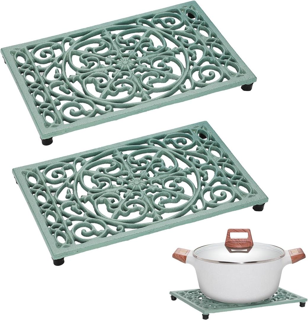 Sumnacon 9.6 x 6.3 Inch Cast Iron Trivet, 2 Pack Metal Trivets with Rubber Feets,Iron Trivet for Hot Dish Pot Pan Plate Teapot,Heat Resistant Trivets Cast Iron for Kitchen Cooktop Dining Table, Green