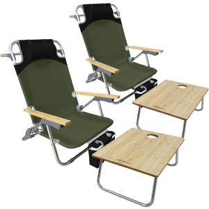 Folding Backpack Beach Chair 2 Pack Aluminum 5-Position with Samll Camping Table Bamboo Lay Flat Lounge Chair Outdoor for Adults with Insulated Cooler Bag (Olive)