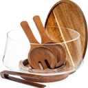 Large Glass Salad Bowl with Lid Set, 5.7 L Decorative Glass Mixing Bowl, Trifle and Serving Bowls with Lids as Cheese Charcuterie Board and Plate, Comes with Wood Serving Utensils