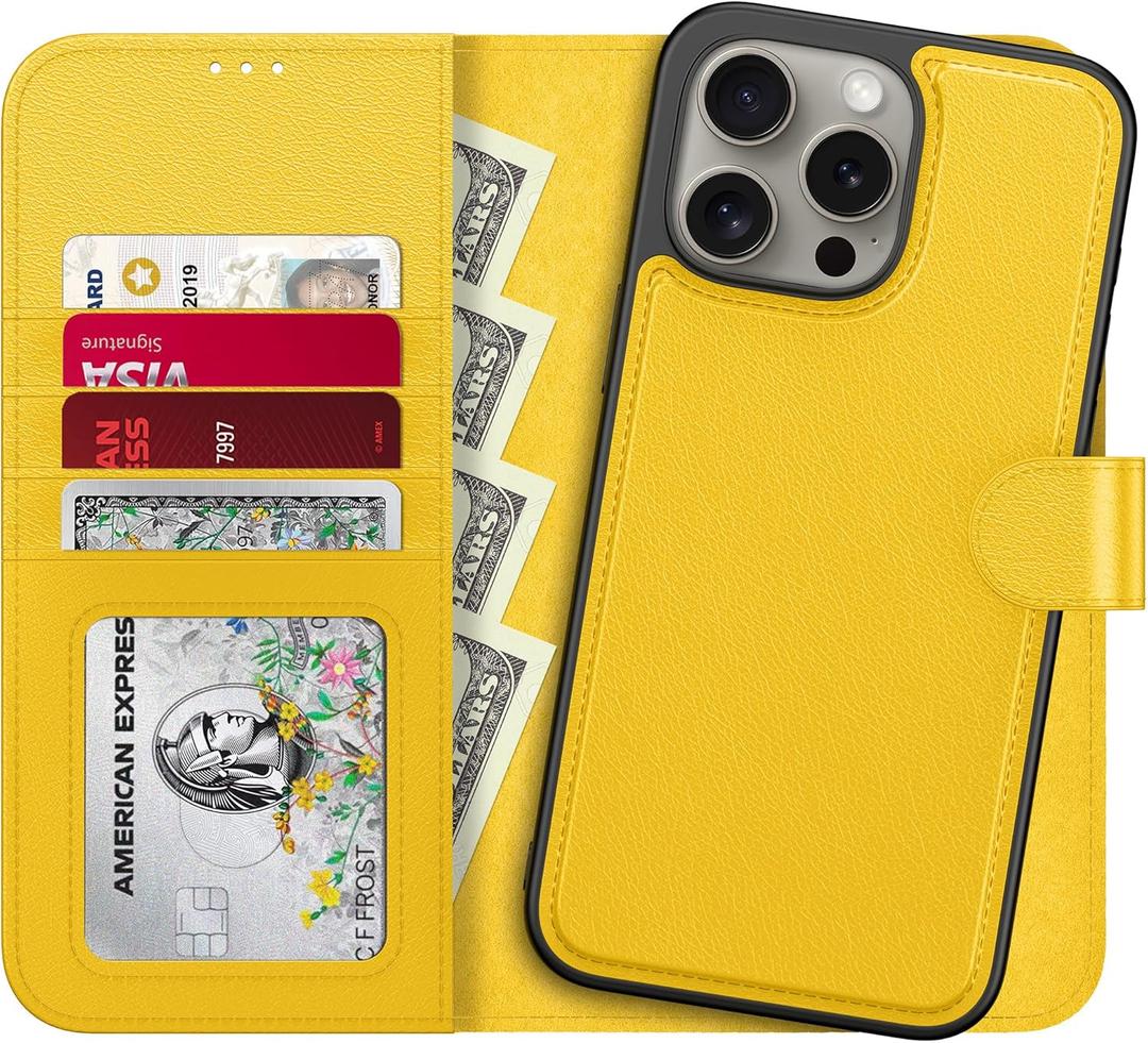 LUMARKE Designed for iPhone 13 Pro Wallet Case - Detachable Flip Folio Cover - RFID Blocking 4 Card Slots Holder - Premium Leather Magnetic Kickstand - Protective Phone Case 6.1", Yellow