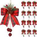 Jenaai 12 Pcs Christmas Burlap Plaid Bows with Pine Cones Pine Needles Large Christmas Buffalo Plaid Bows Holiday Xmas Burlap Ribbon Bow for Tree Decor Gift Wrapping (Black and White, Black and Red)