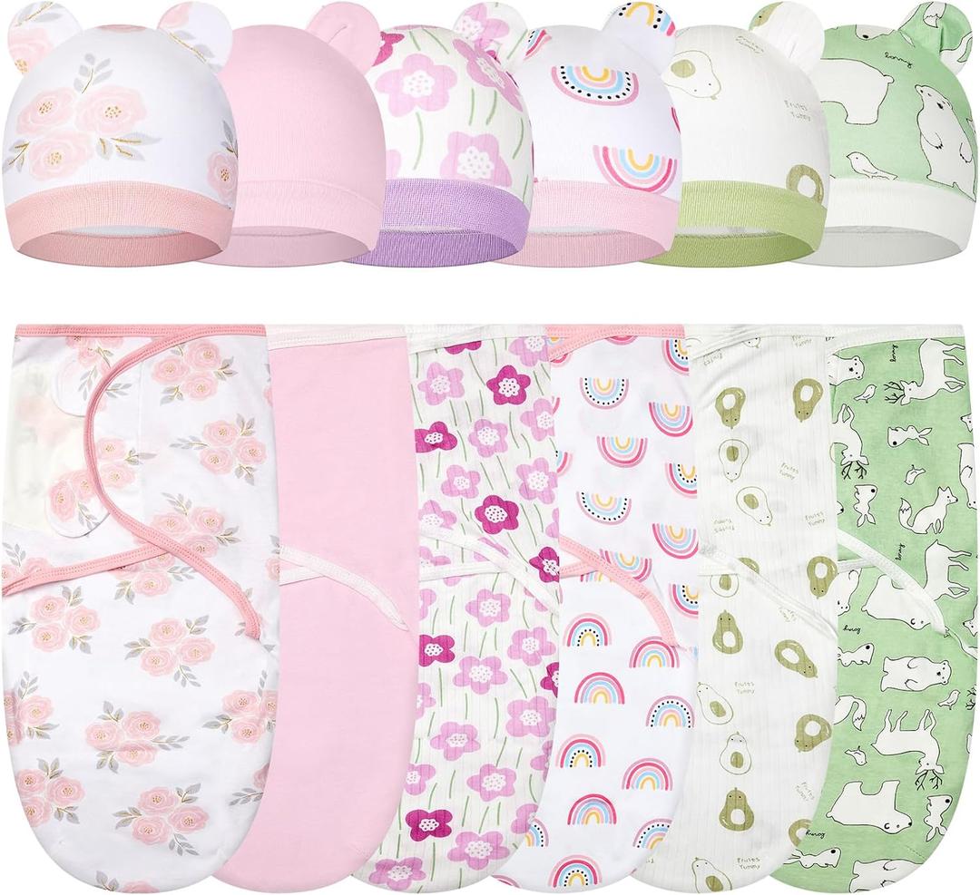 Ramede 6 Pack Swaddle Blanket with Hats for Baby Girl Boy 100% Cotton Swaddles 0-3 Months, Adjustable Breathable Skin Friendly Receiving Blanket Wrap, Essential for Newborns (Pink and Green)