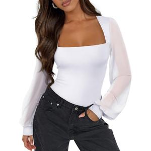PINKMSTYLE Women's Square Neck Double Lined Mesh Long Sleeve Bodysuits Slim fit Trendy Going Out Tops Shirts (Medium, White)