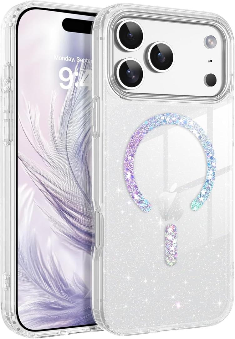 BENTOBEN Magnetic for iPhone 17 Pro Case, Clear Crystal Glitter Bling 17 Pro Phone Case [Compatible with MagSafe], Shockproof Sparkly Cute Women Girl Cover for iPhone 17 Pro 6.3", Clear Glitter