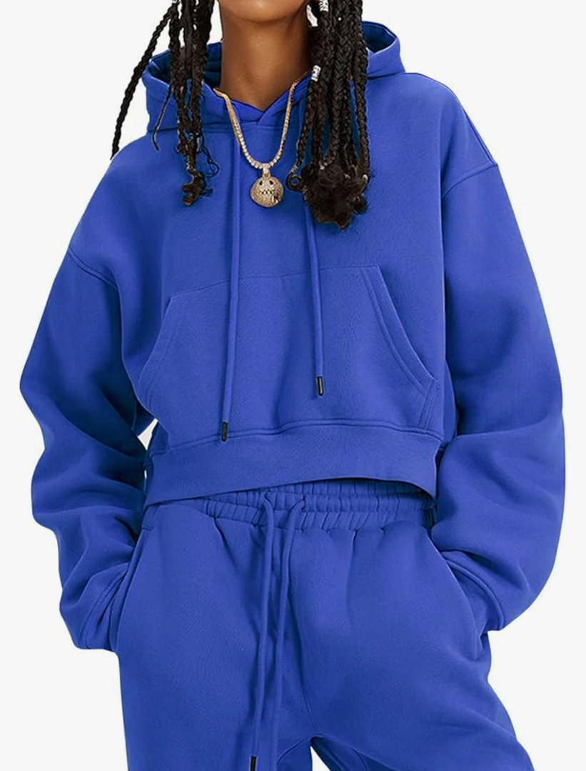 Flygo Womens Fleece 2 Piece Outfits Sweatsuit Crop Pullover Sweatshirt Joggers Pants Tracksuit Set. Size Large, Royal Blue