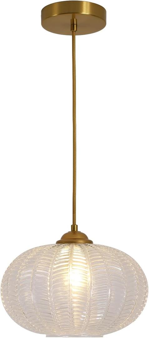 KCO Lighting Clear Ribbed Glass Pendant Light Vintage Brass Gold Pendant Lighting Large Globe Pendant Lights Kitchen Island Mid Century Modern Hanging Light for Living Room