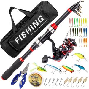 I00000 Fishing Rod and Reel Combos with Fiberglass Telescopic Fishing Pole - Spinning Reel Fishing Carrier Bag, Freshwater and Saltwater Fishing Rod Kit,Travel Fishing Kit for Bass Trout (Red)