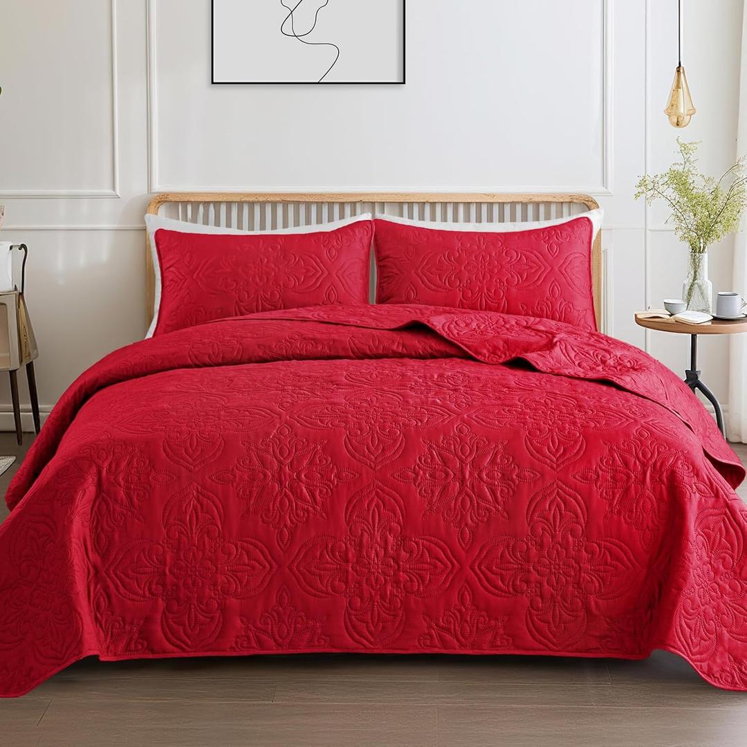 Whale Flotilla Soft King Quilt Bedding Set for All Seasons, Elegant Vintage Damask Ultrasonic Quilts Set, Lightweight Reversible Bedspread, Coverlet, Bed Cover with 2 Pillow Shams, Red (King (96"x104"))