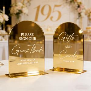 Acrylic Signs with Stand, 5x7 inch Black Arched Wedding Table Signs and Base, 1/8" Thick Arch TableTop for Wedding Reception & Event Party Table (Gold mirror, Cards and Gifts Sign and Guest Book Sign)