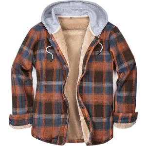 Men's Cotton Plaid Long Sleeve Shirts Jacket Fleece Lined Flannel Shirts Sherpa Button Down Coat with Hood (Large, Blue Orange Plaid)
