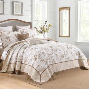 Oversized King Bedspreads 128x120 Extra Wide - Botanical Floral Farmhouse Reversible California King Quilt Set, 3-Piece Lightweight Thin Comforter Coverlet Set, Cal King, Brown/Oatmeal