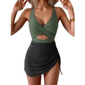 B2prity Women Mesh One Piece Swimdress Swimsuit Tummy Control V Neck Cutout Bathing Suit Wrap Drawstring Sarong Swimwear Army Green,Black L