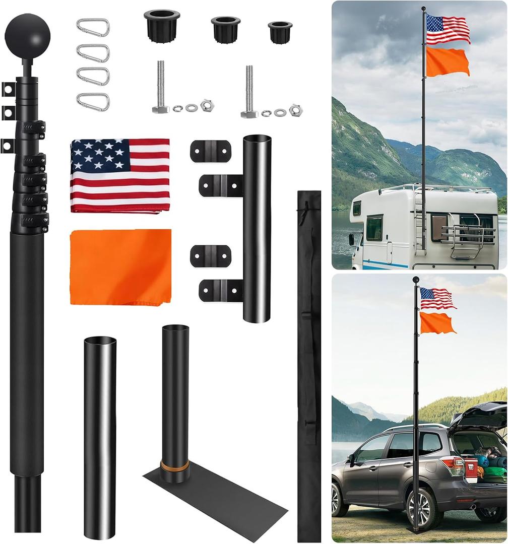 20FT Tailgate Flag Pole with Tire Mount Base, Portable Flag Pole with US Flag Suitable for Tailgate Parties, RV Telescoping Flag Pole Kit for Camping and Outdoor Activitie