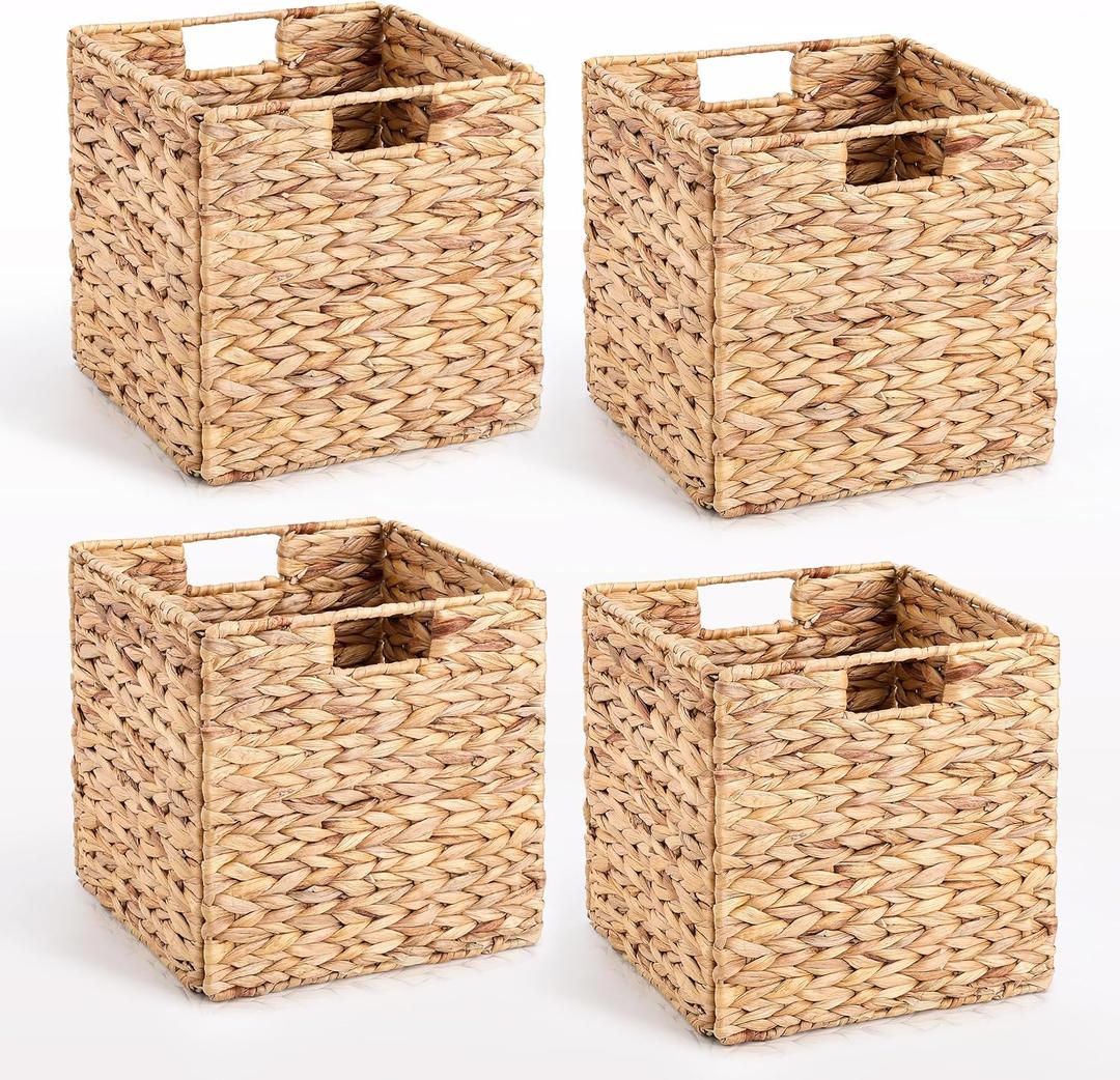 10.5 x 10.5in Wicker Storage Baskets, Cube Foldable Water Hyacinth Storage Baskets for 11 x 11 Cube Shelves Set of 4