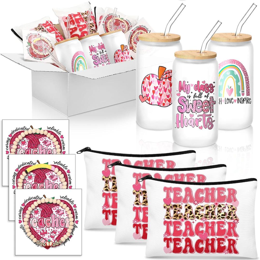 Skylety 12 Pcs Graduation Teacher Appreciation Gifts for Women Happy Teacher Day Thank You Ideas Gifts Include Glass Cup Cosmetic Makeup Bags Greeting Cards and Bracelet for Back to School Present