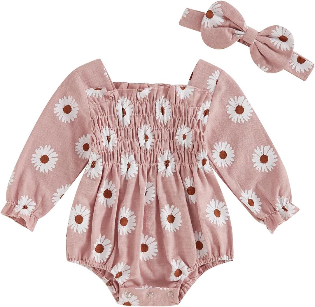 FOMOYUU Newborn Baby Girl Romper Fall Long Sleeve Square Neck Smocked Flower Print Clothes Outfit with Headband (Pink)
