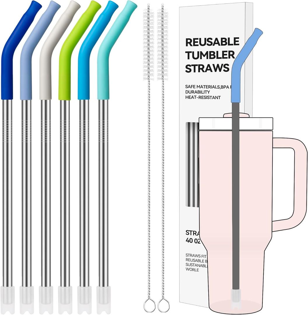 Soledea 40 oz Straight Metal Straws for 40 oz Stanley Tumbler, 6Pcs Stainless Steel Reusable Drinking Metal Straw with Colourful Silicone Tips,Straw for Glass Cups, BPA FREE (2)