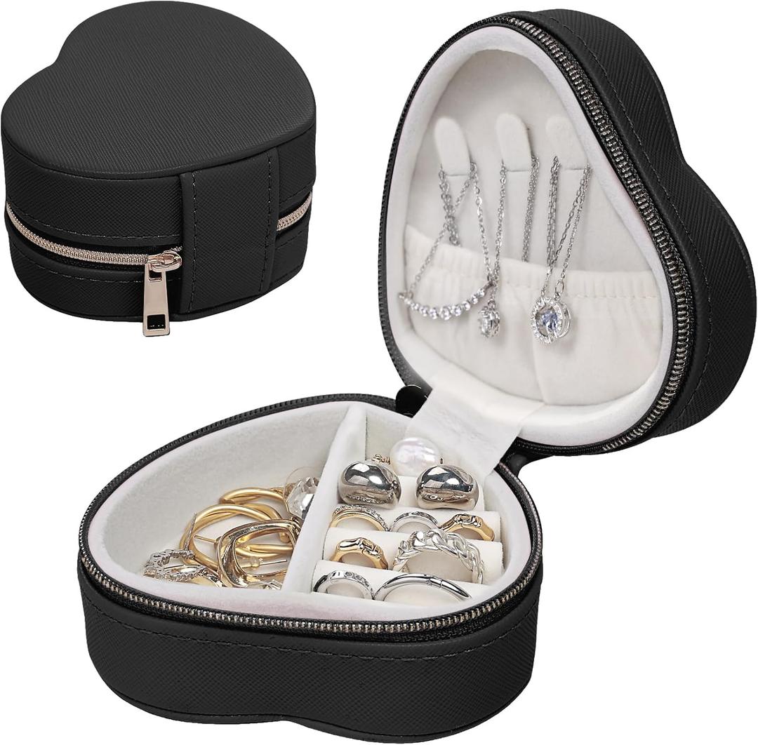 Heart-Shaped Small Jewelry Box Travel Jewelry Case Girls Mini Box for Rings Earrings Necklaces Organizing Portable PU Leather Jewerly Organizer for Women, Black