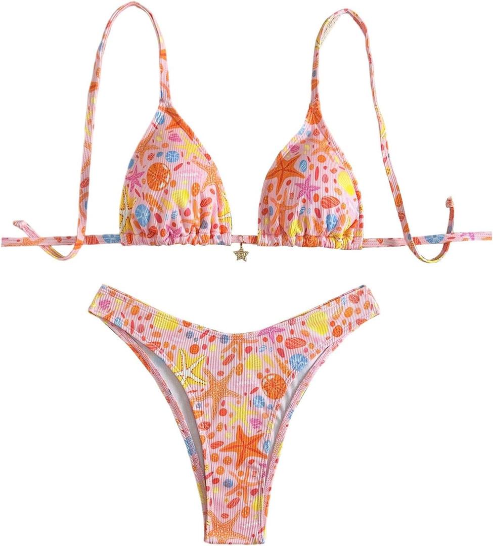 BEAUDRM Women's 2 Piece Graphic Bikini Sets Boho Triangle String Halter Swimsuit High Cut Bathing Suit (Light Pink) Small